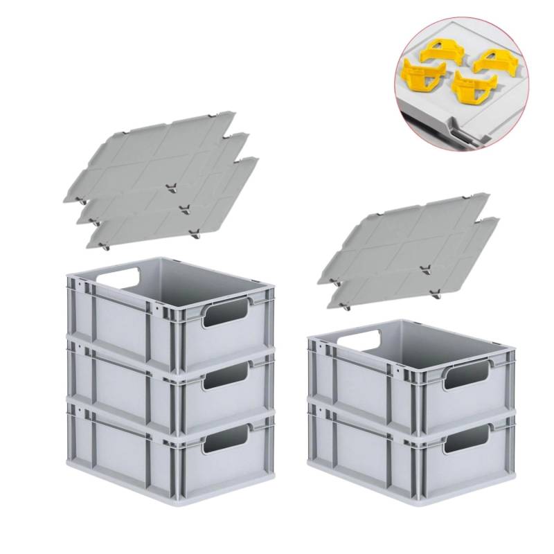 PROREGAL Spar Set 5x Eurobox Nextgen Economy Mit Auflagedeckel & 4x Schiebeschnappverschlüsse Gelb Griffe Offen HxBxT 17 x 30 x 40 cm 16 Liter von PROREGAL