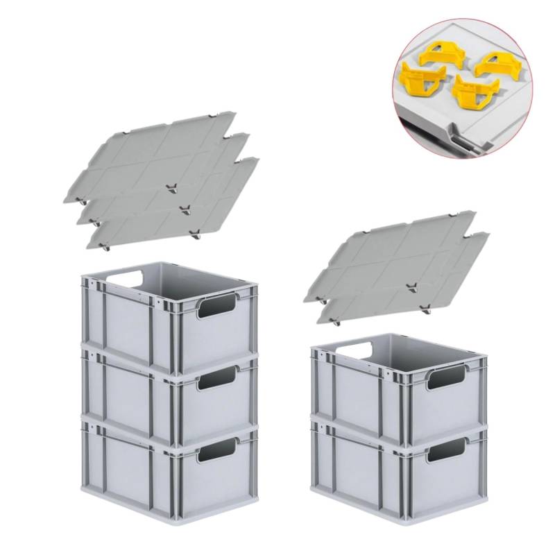PROREGAL Spar Set 5x Eurobox Nextgen Economy Mit Auflagedeckel & 4x Schiebeschnappverschlüsse Gelb Griffe Offen HxBxT 22 x 30 x 40 cm 20 Liter von PROREGAL