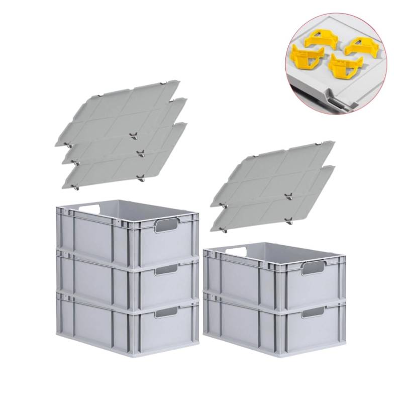 PROREGAL Spar Set 5x Eurobox Nextgen Economy Mit Auflagedeckel & 4x Schiebeschnappverschlüsse Gelb Griffe Offen HxBxT 22 x 40 x 60 cm 44 Liter von PROREGAL