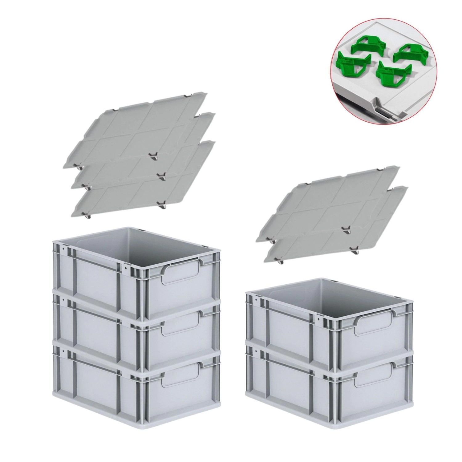 PROREGAL Spar Set 5x Eurobox Nextgen Economy Mit Auflagedeckel & 4x Schiebeschnappverschlüsse Grün Griffe Geschlossen HxBxT 17 x 30 x 40 cm 16 Liter von PROREGAL