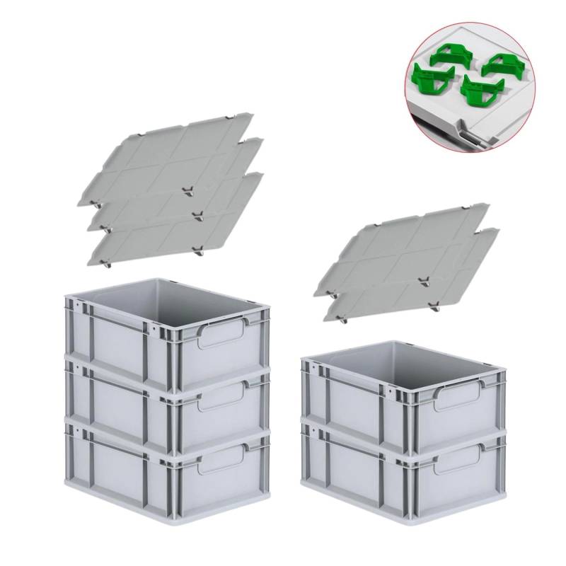 PROREGAL Spar Set 5x Eurobox Nextgen Economy Mit Auflagedeckel & 4x Schiebeschnappverschlüsse Grün Griffe Geschlossen HxBxT 17 x 30 x 40 cm 16 Liter von PROREGAL