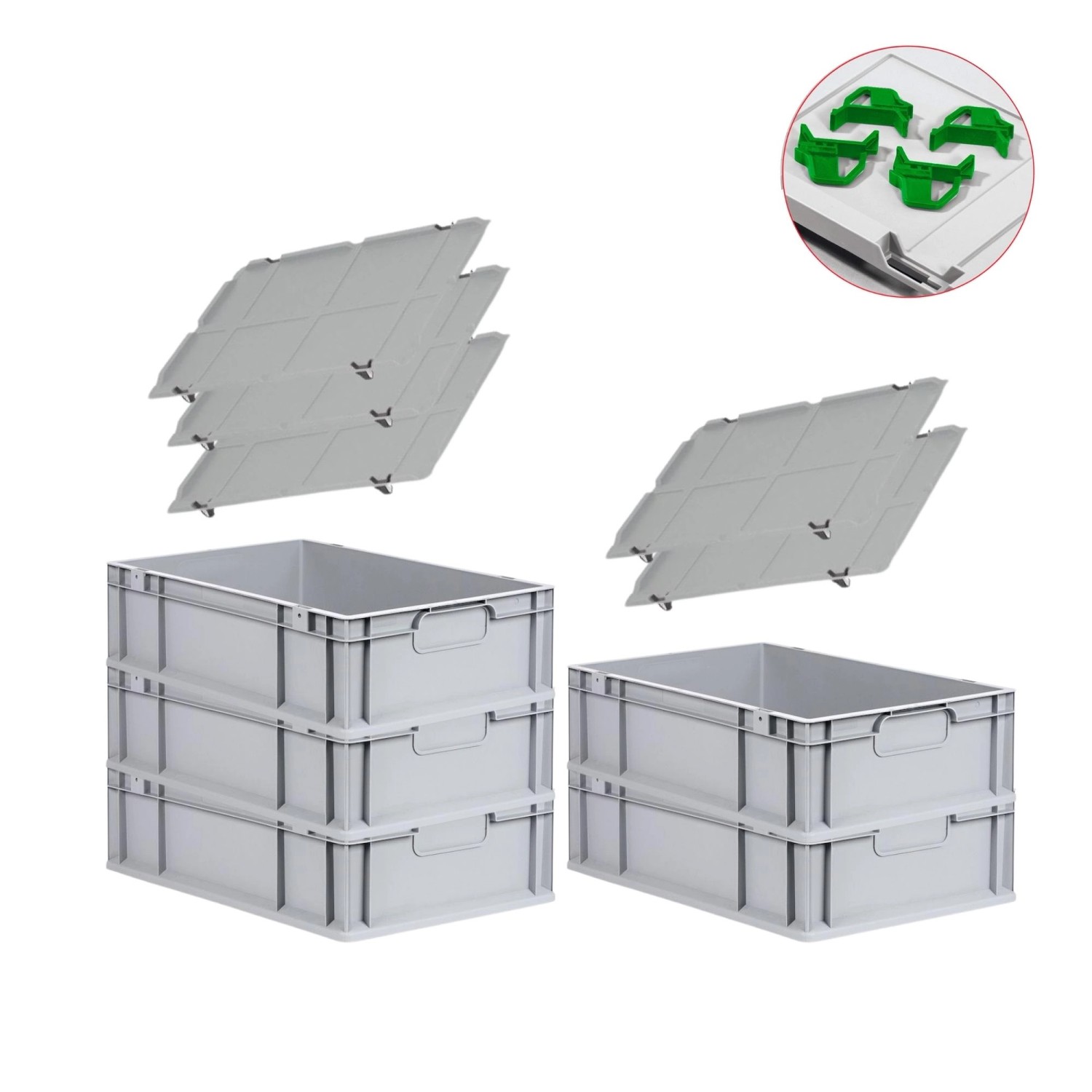 PROREGAL Spar Set 5x Eurobox Nextgen Economy Mit Auflagedeckel & 4x Schiebeschnappverschlüsse Grün Griffe Geschlossen HxBxT 17 x 40 x 60 cm 34 Liter von PROREGAL