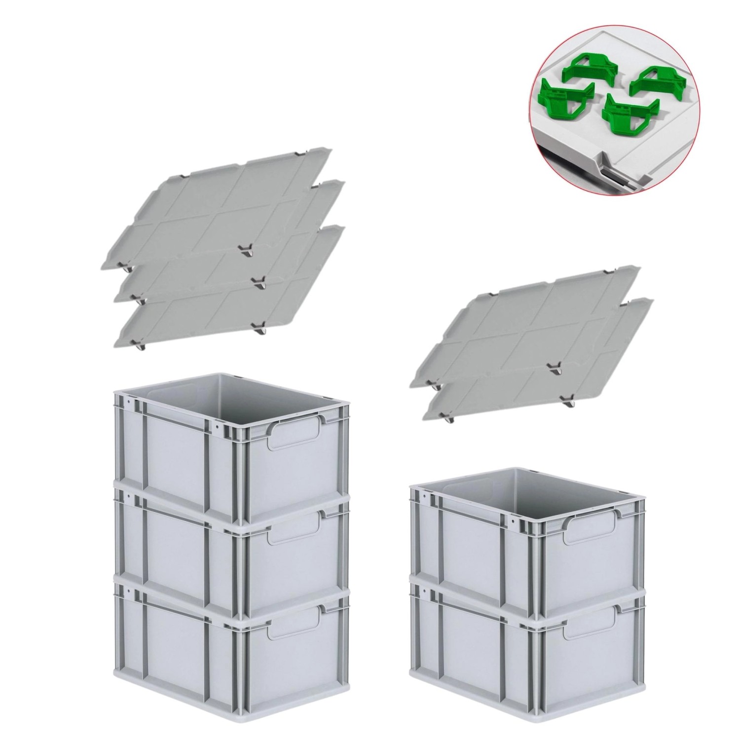 PROREGAL Spar Set 5x Eurobox Nextgen Economy Mit Auflagedeckel & 4x Schiebeschnappverschlüsse Grün Griffe Geschlossen HxBxT 22 x 30 x 40 cm 20 Liter von PROREGAL