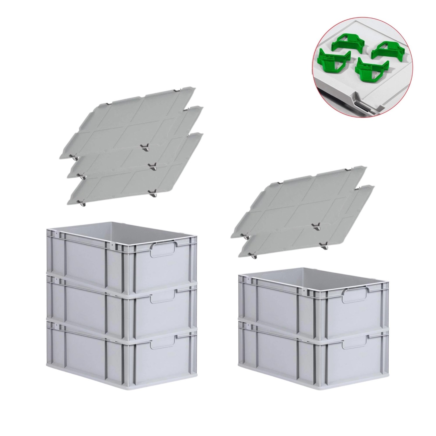 PROREGAL Spar Set 5x Eurobox Nextgen Economy Mit Auflagedeckel & 4x Schiebeschnappverschlüsse Grün Griffe Geschlossen HxBxT 22 x 40 x 60 cm 44 Liter von PROREGAL