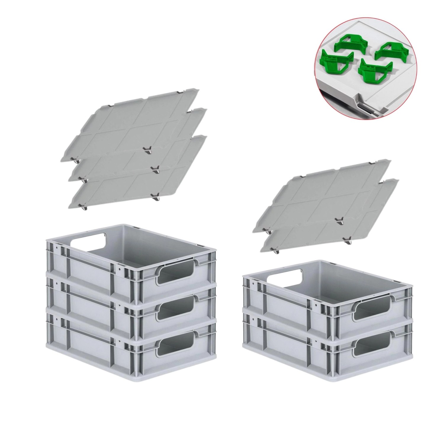 PROREGAL Spar Set 5x Eurobox Nextgen Economy Mit Auflagedeckel & 4x Schiebeschnappverschlüsse Grün Griffe Offen HxBxT 12 x 30 x 40 cm 11 Liter von PROREGAL