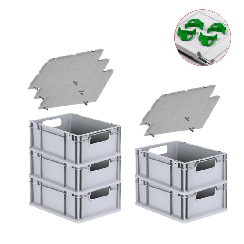 PROREGAL Spar Set 5x Eurobox Nextgen Economy Mit Auflagedeckel & 4x Schiebeschnappverschlüsse Grün Griffe Offen HxBxT 17 x 30 x 40 cm 16 Liter von PROREGAL