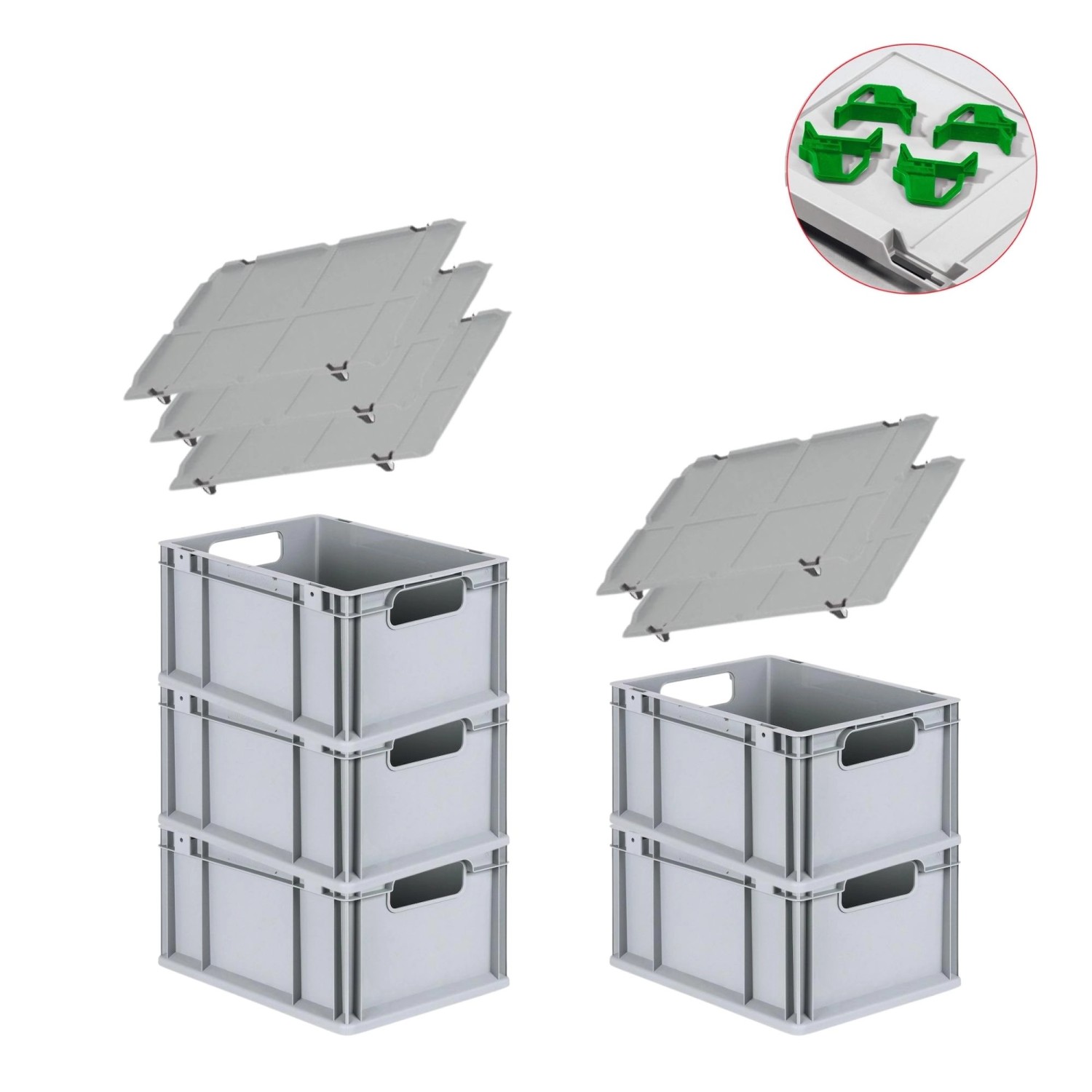 PROREGAL Spar Set 5x Eurobox Nextgen Economy Mit Auflagedeckel & 4x Schiebeschnappverschlüsse Grün Griffe Offen HxBxT 22 x 30 x 40 cm 20 Liter von PROREGAL