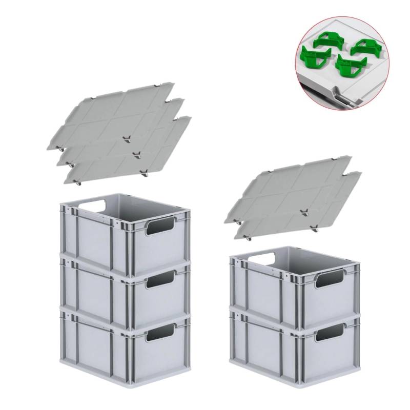 PROREGAL Spar Set 5x Eurobox Nextgen Economy Mit Auflagedeckel & 4x Schiebeschnappverschlüsse Grün Griffe Offen HxBxT 22 x 30 x 40 cm 20 Liter von PROREGAL