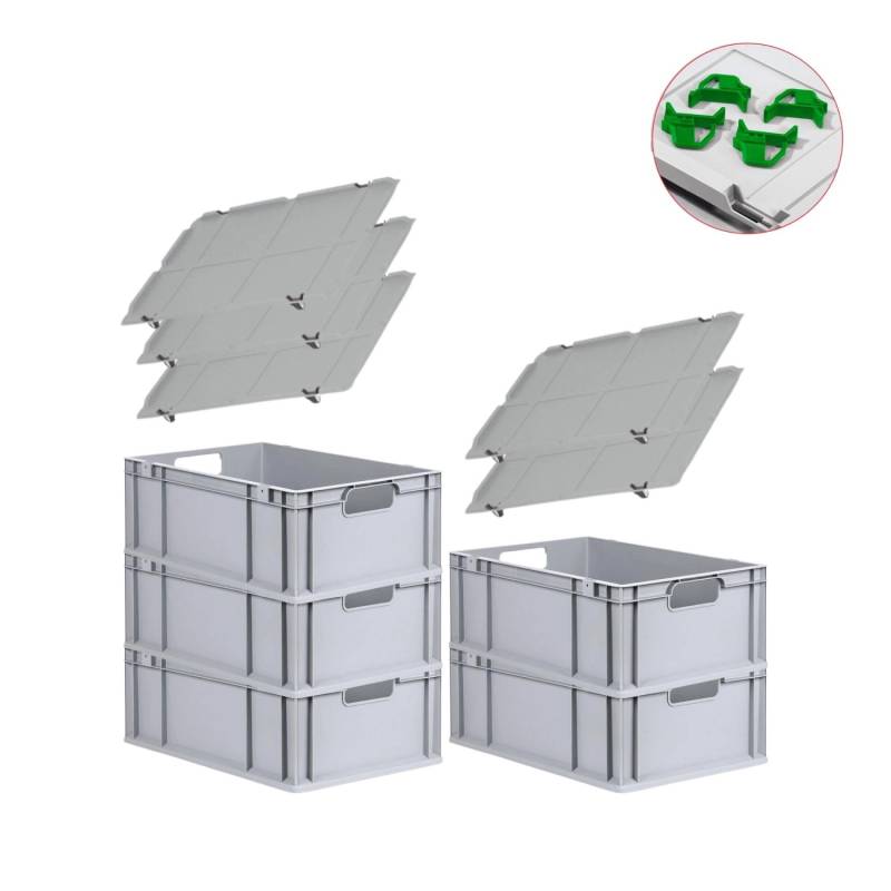 PROREGAL Spar Set 5x Eurobox Nextgen Economy Mit Auflagedeckel & 4x Schiebeschnappverschlüsse Grün Griffe Offen HxBxT 22 x 40 x 60 cm 44 Liter von PROREGAL