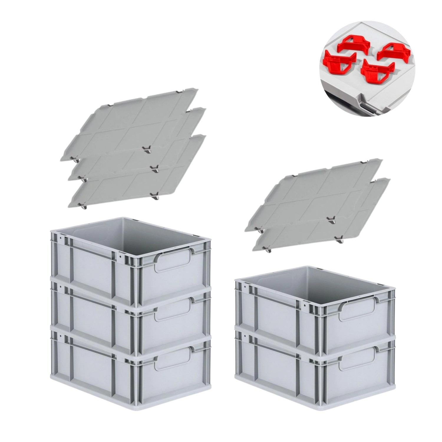 PROREGAL Spar Set 5x Eurobox Nextgen Economy Mit Auflagedeckel & 4x Schiebeschnappverschlüsse Rot Griffe Geschlossen HxBxT 17 x 30 x 40 cm 16 Liter von PROREGAL