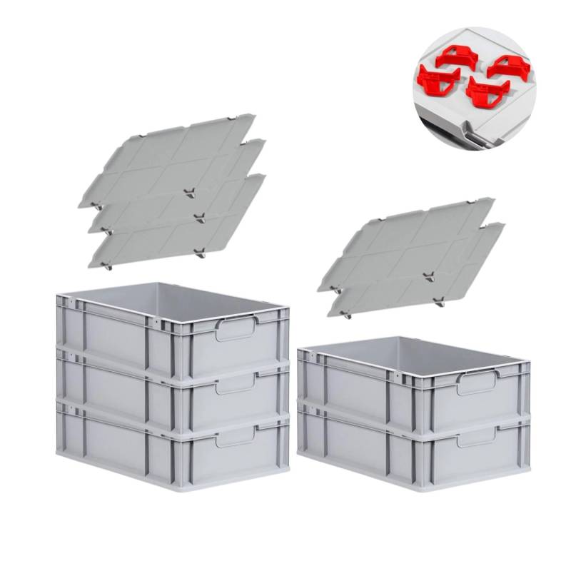 PROREGAL Spar Set 5x Eurobox Nextgen Economy Mit Auflagedeckel & 4x Schiebeschnappverschlüsse Rot Griffe Geschlossen HxBxT 17 x 40 x 60 cm 34 Liter von PROREGAL