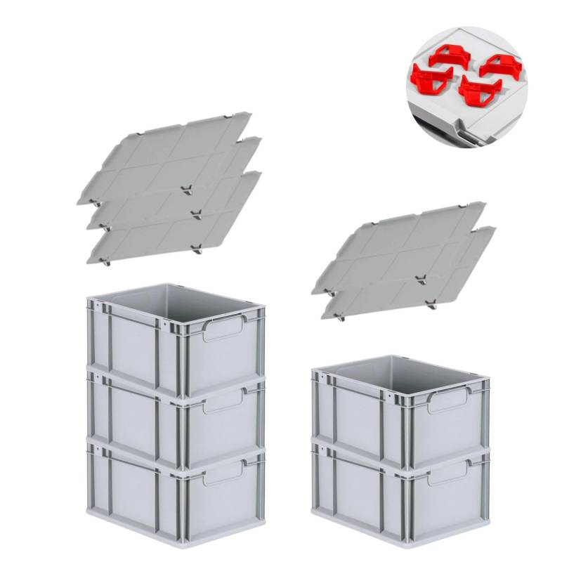 PROREGAL Spar Set 5x Eurobox Nextgen Economy Mit Auflagedeckel & 4x Schiebeschnappverschlüsse Rot Griffe Geschlossen HxBxT 22 x 30 x 40 cm 20 Liter von PROREGAL