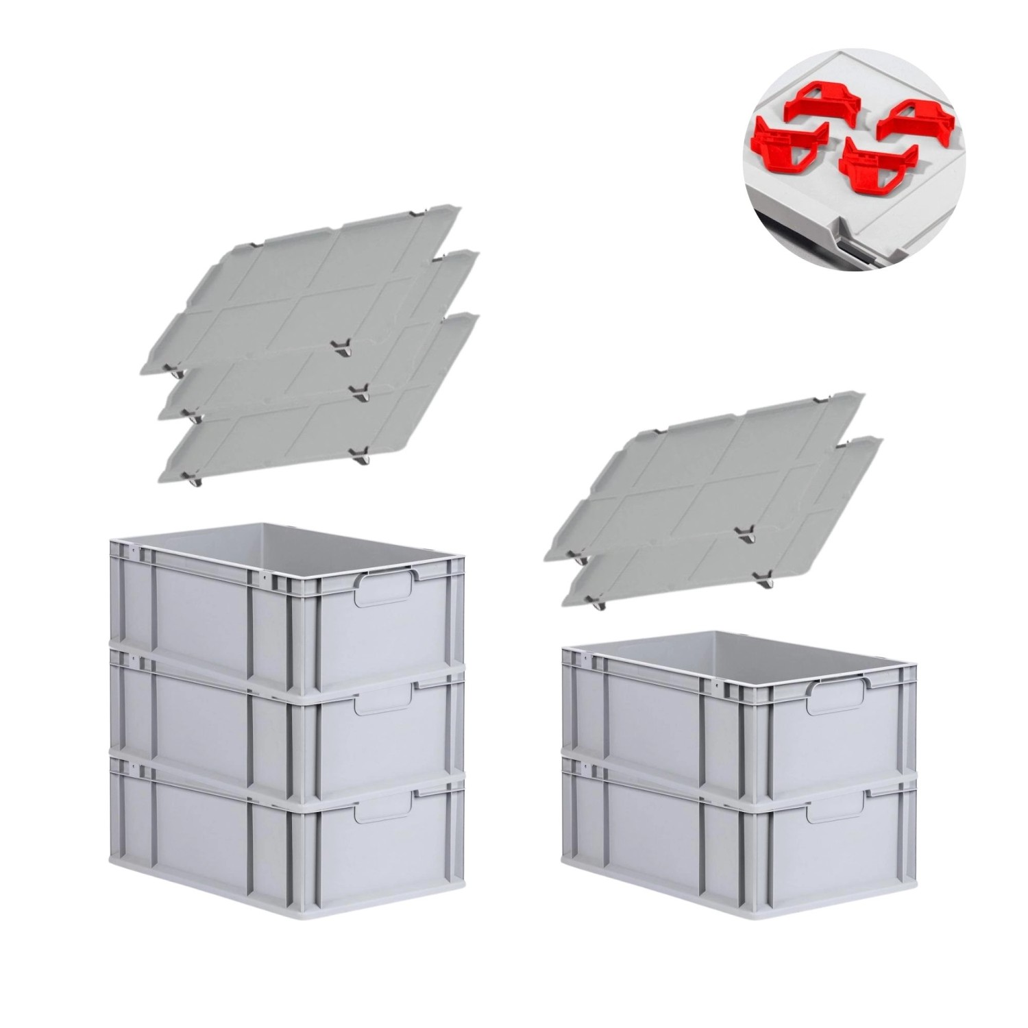 PROREGAL Spar Set 5x Eurobox Nextgen Economy Mit Auflagedeckel & 4x Schiebeschnappverschlüsse Rot Griffe Geschlossen HxBxT 22 x 40 x 60 cm 44 Liter von PROREGAL