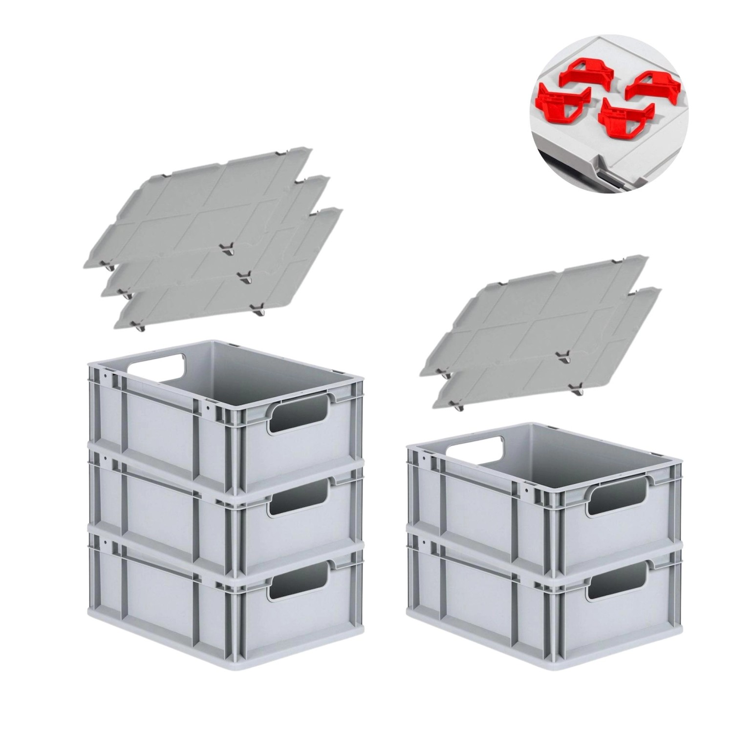 PROREGAL Spar Set 5x Eurobox Nextgen Economy Mit Auflagedeckel & 4x Schiebeschnappverschlüsse Rot Griffe Offen HxBxT 17 x 30 x 40 cm 16 Liter von PROREGAL