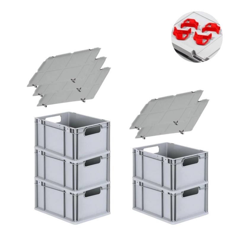 PROREGAL Spar Set 5x Eurobox Nextgen Economy Mit Auflagedeckel & 4x Schiebeschnappverschlüsse Rot Griffe Offen HxBxT 22 x 30 x 40 cm 20 Liter von PROREGAL