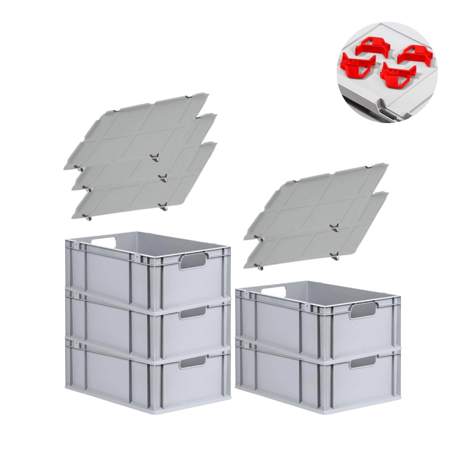 PROREGAL Spar Set 5x Eurobox Nextgen Economy Mit Auflagedeckel & 4x Schiebeschnappverschlüsse Rot Griffe Offen HxBxT 22 x 40 x 60 cm 44 Liter von PROREGAL