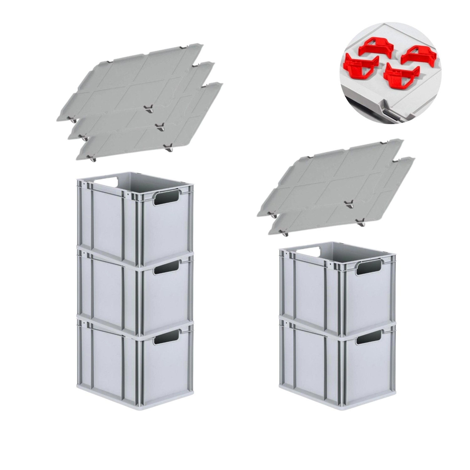 PROREGAL Spar Set 5x Eurobox Nextgen Economy Mit Auflagedeckel & 4x Schiebeschnappverschlüsse Rot Griffe Offen HxBxT 32 x 30 x 40 cm 30 Liter von PROREGAL