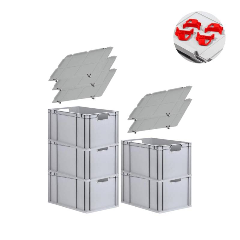 PROREGAL Spar Set 5x Eurobox Nextgen Economy Mit Auflagedeckel & 4x Schiebeschnappverschlüsse Rot Griffe Offen HxBxT 32 x 40 x 60 cm 65 Liter von PROREGAL