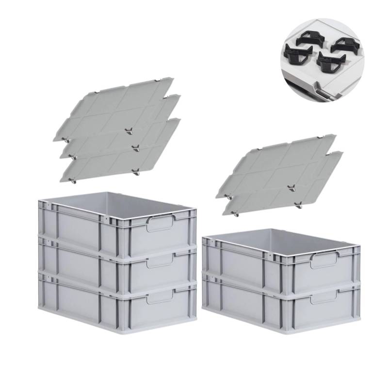 PROREGAL Spar Set 5x Eurobox Nextgen Economy Mit Auflagedeckel & 4x Schiebeschnappverschlüsse Schwarz Griffe Geschlossen HxBxT 17 x 40 x 60 cm von PROREGAL