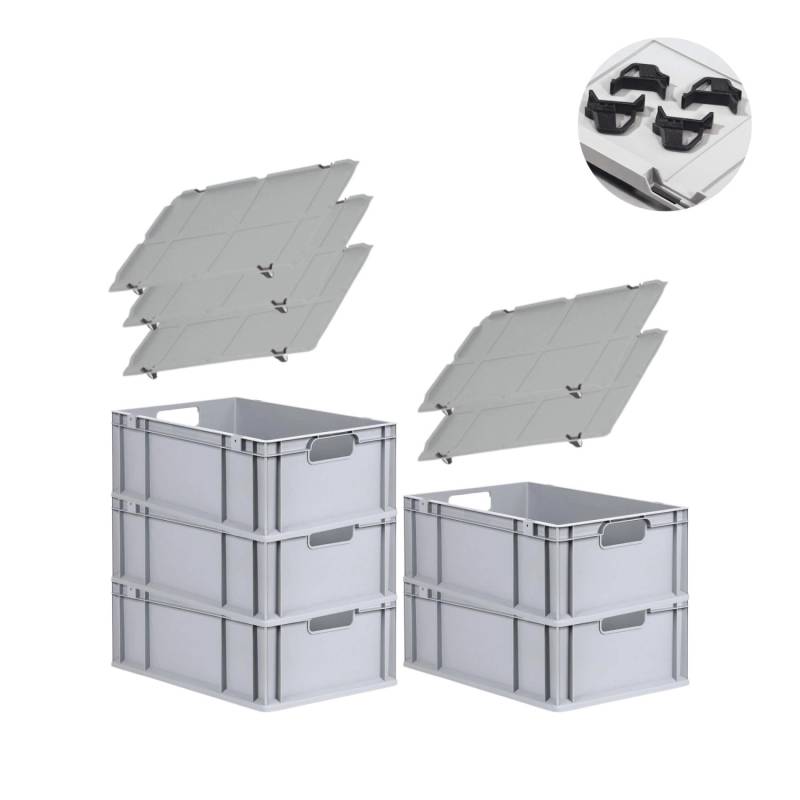 PROREGAL Spar Set 5x Eurobox Nextgen Economy Mit Auflagedeckel & 4x Schiebeschnappverschlüsse Schwarz Griffe Offen HxBxT 22 x 40 x 60 cm 44 Liter von PROREGAL