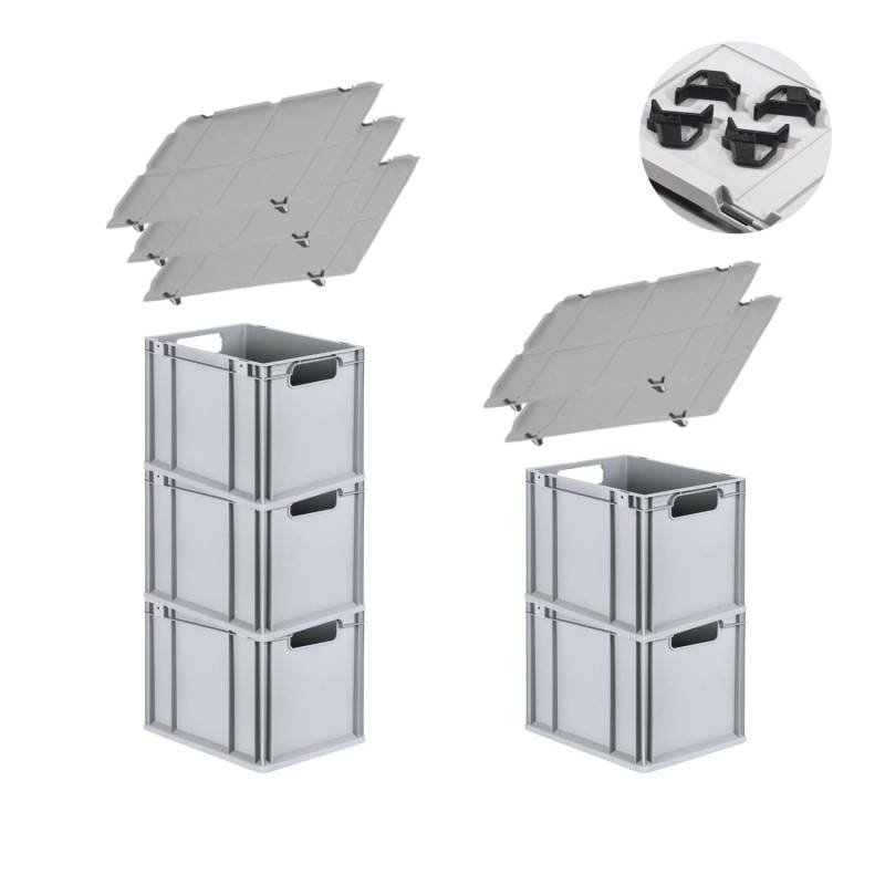 PROREGAL Spar Set 5x Eurobox Nextgen Economy Mit Auflagedeckel & 4x Schiebeschnappverschlüsse Schwarz Griffe Offen HxBxT 32 x 30 x 40 cm 30 Liter von PROREGAL