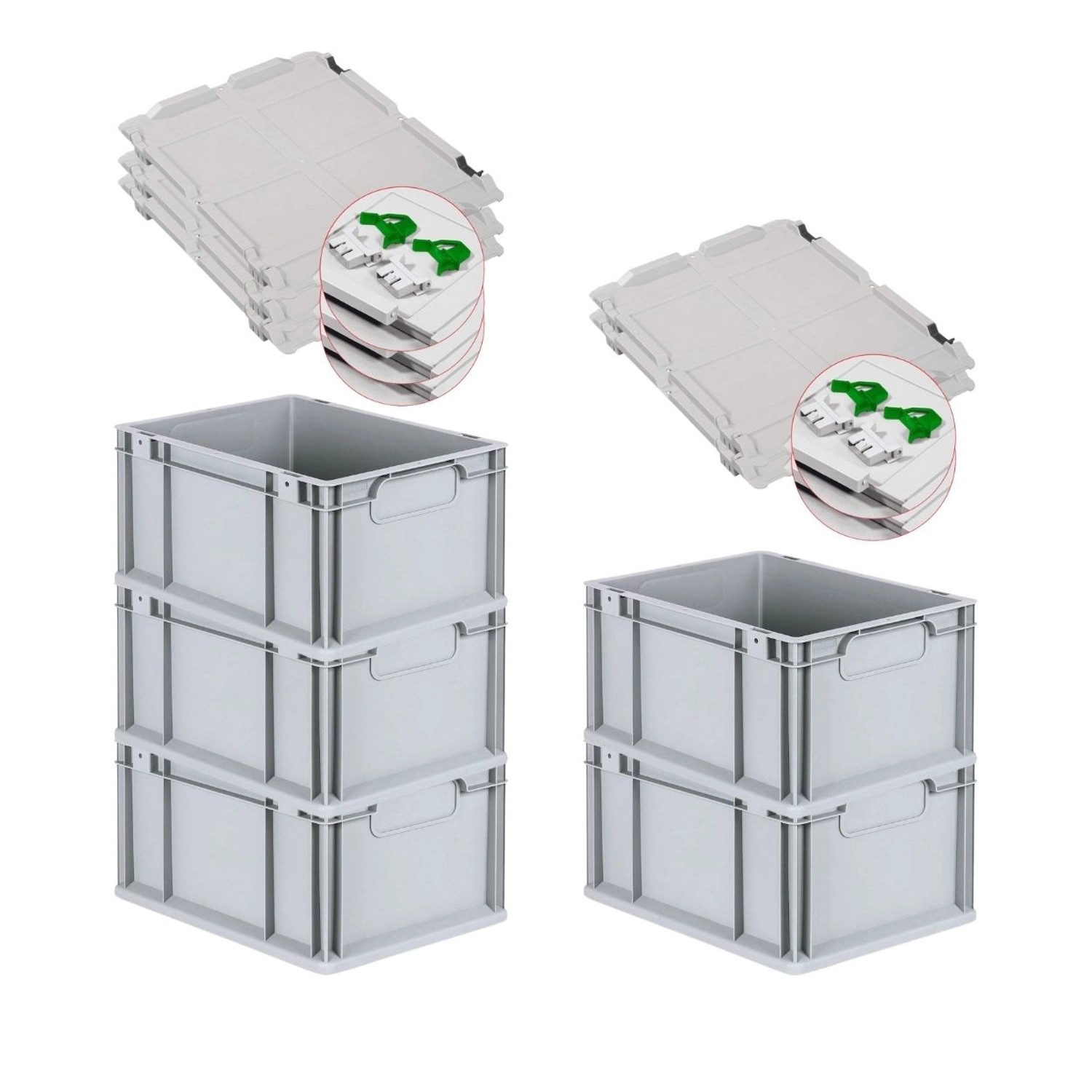 PROREGAL Spar Set 5x Eurobox Nextgen Economy Mit Scharnierdeckel & Grünen Schiebeschnappverschlüsse Griffe Geschlossen HxBxT 22 x 30 x 40 cm 20 Liter von PROREGAL