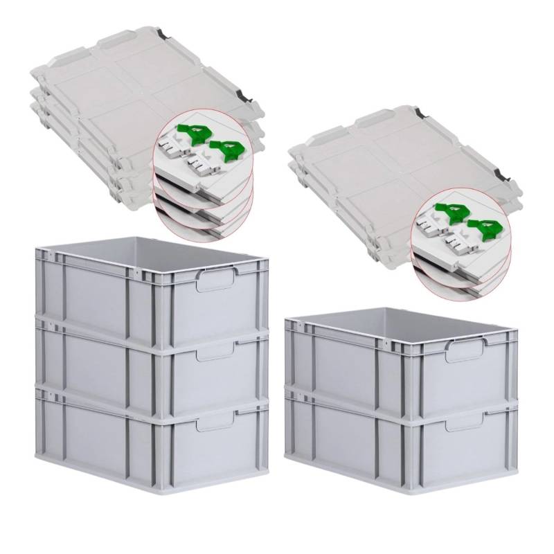 PROREGAL Spar Set 5x Eurobox Nextgen Economy Mit Scharnierdeckel & Grünen Schiebeschnappverschlüsse Griffe Geschlossen HxBxT 22 x 40 x 60 cm 44 Liter von PROREGAL