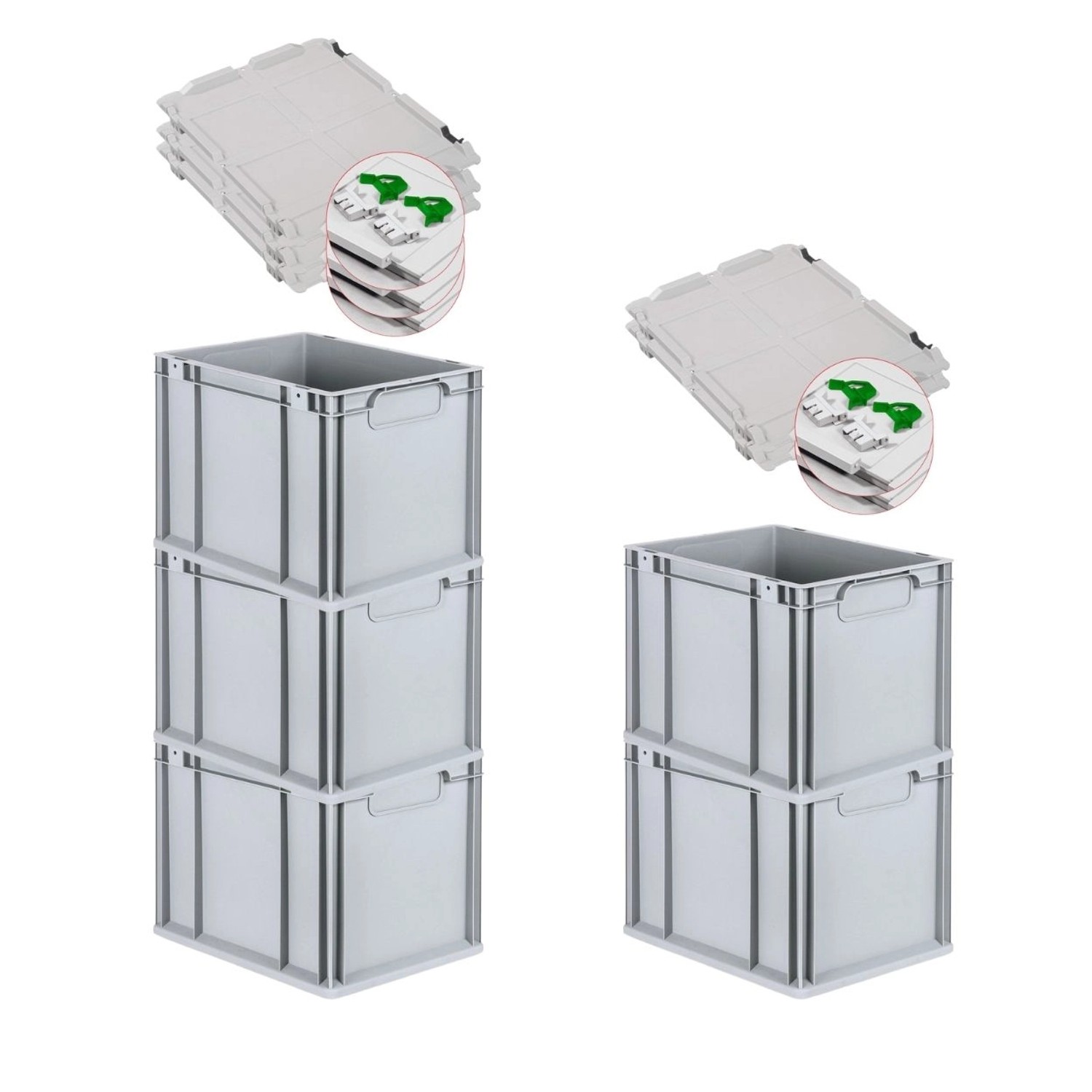 PROREGAL Spar Set 5x Eurobox Nextgen Economy Mit Scharnierdeckel & Grünen Schiebeschnappverschlüsse Griffe Geschlossen HxBxT 32 x 30 x 40 cm 30 Liter von PROREGAL