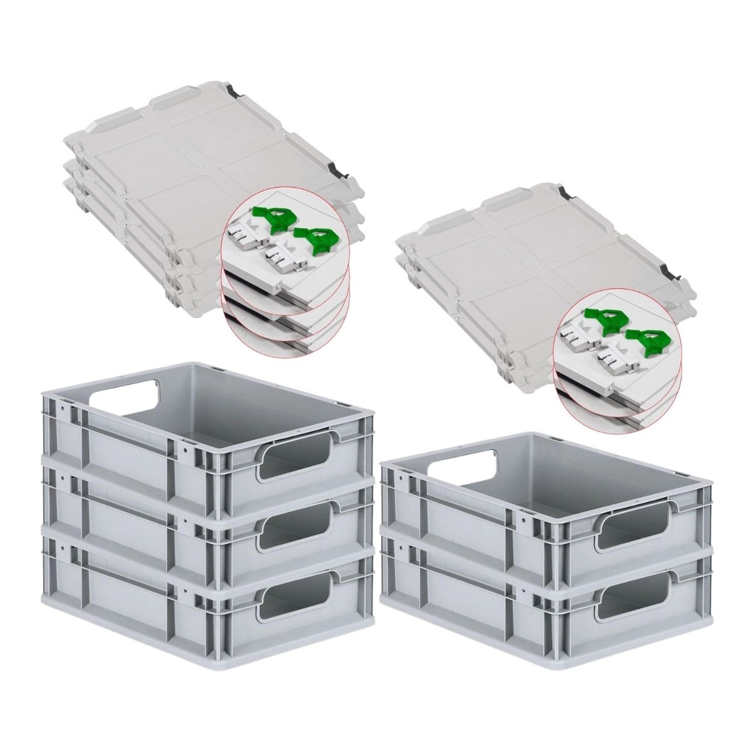 PROREGAL Spar Set 5x Eurobox Nextgen Economy Mit Scharnierdeckel & Grünen Schiebeschnappverschlüssen Griffe Offen HxBxT 12 x 30 x 40 cm 11 Liter von PROREGAL