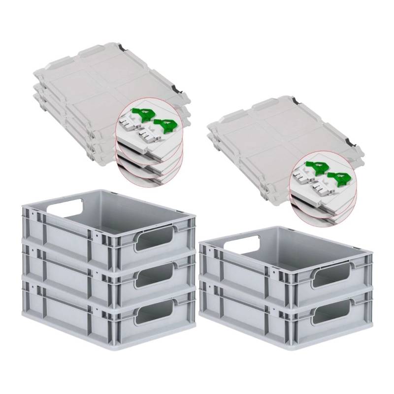 PROREGAL Spar Set 5x Eurobox Nextgen Economy Mit Scharnierdeckel & Grünen Schiebeschnappverschlüssen Griffe Offen HxBxT 12 x 30 x 40 cm 11 Liter von PROREGAL