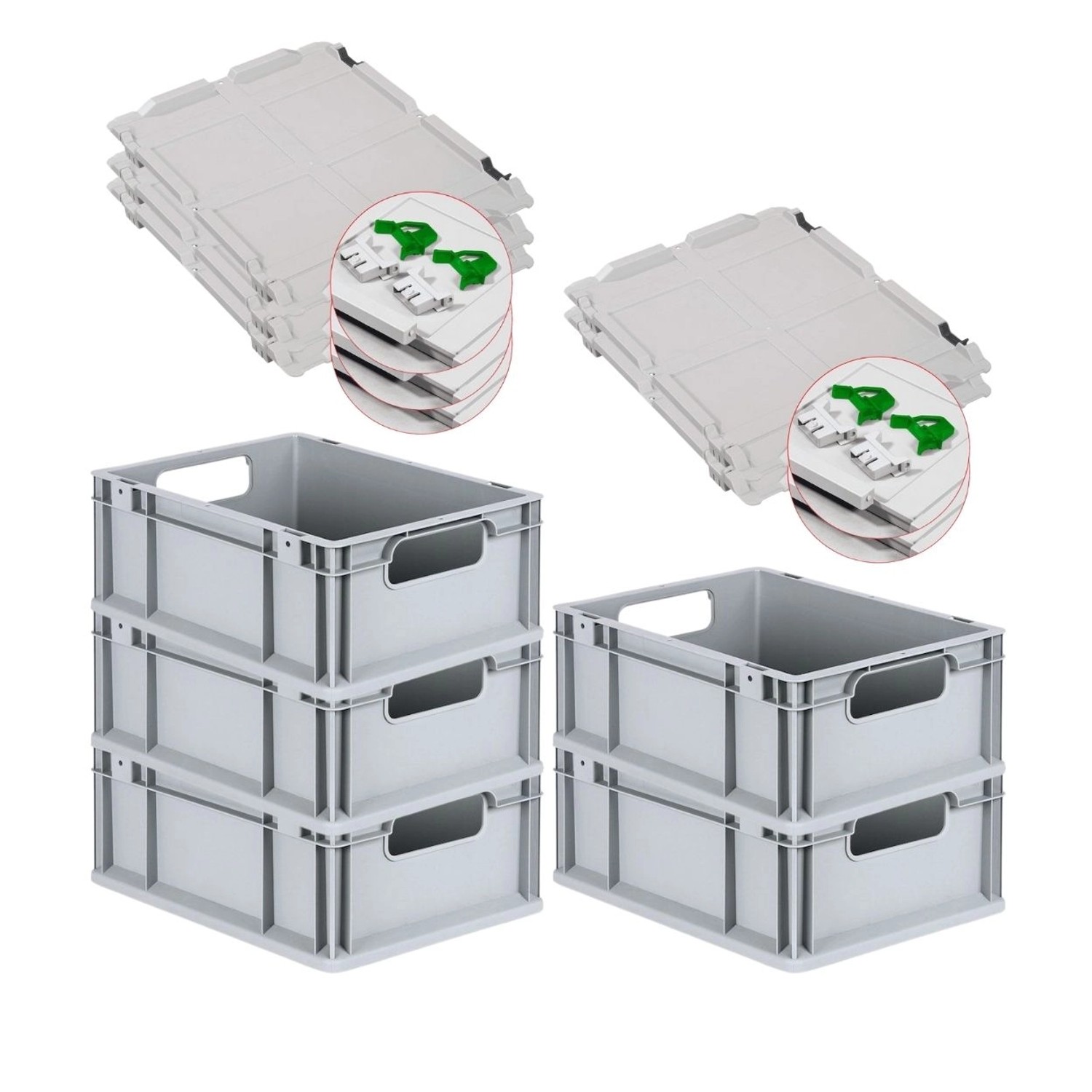 PROREGAL Spar Set 5x Eurobox Nextgen Economy Mit Scharnierdeckel & Grünen Schiebeschnappverschlüssen Griffe Offen HxBxT 17 x 30 x 40 cm 16 Liter von PROREGAL