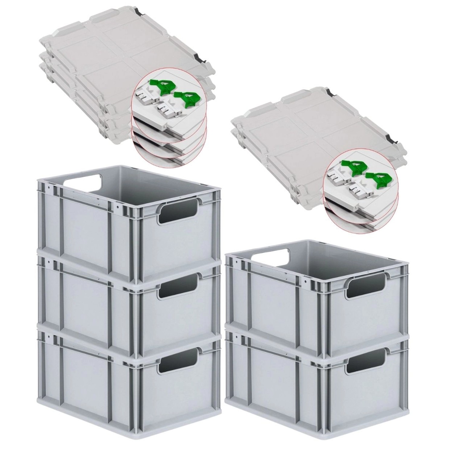 PROREGAL Spar Set 5x Eurobox Nextgen Economy Mit Scharnierdeckel & Grünen Schiebeschnappverschlüssen Griffe Offen HxBxT 22 x 30 x 40 cm 20 Liter von PROREGAL