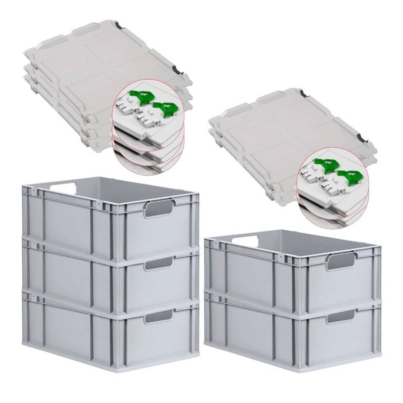 PROREGAL Spar Set 5x Eurobox Nextgen Economy Mit Scharnierdeckel & Grünen Schiebeschnappverschlüssen Griffe Offen HxBxT 22 x 40 x 60 cm 44 Liter von PROREGAL