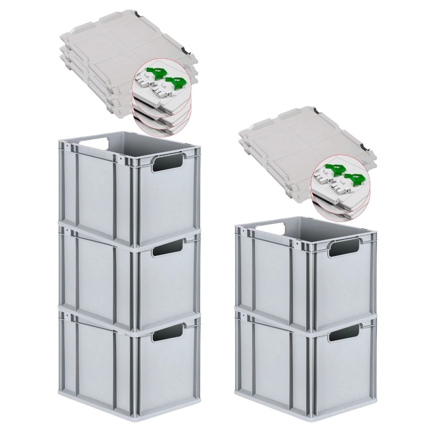 PROREGAL Spar Set 5x Eurobox Nextgen Economy Mit Scharnierdeckel & Grünen Schiebeschnappverschlüssen Griffe Offen HxBxT 32 x 30 x 40 cm 30 Liter von PROREGAL