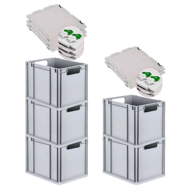 PROREGAL Spar Set 5x Eurobox Nextgen Economy Mit Scharnierdeckel & Grünen Schiebeschnappverschlüssen Griffe Offen HxBxT 32 x 30 x 40 cm 30 Liter von PROREGAL