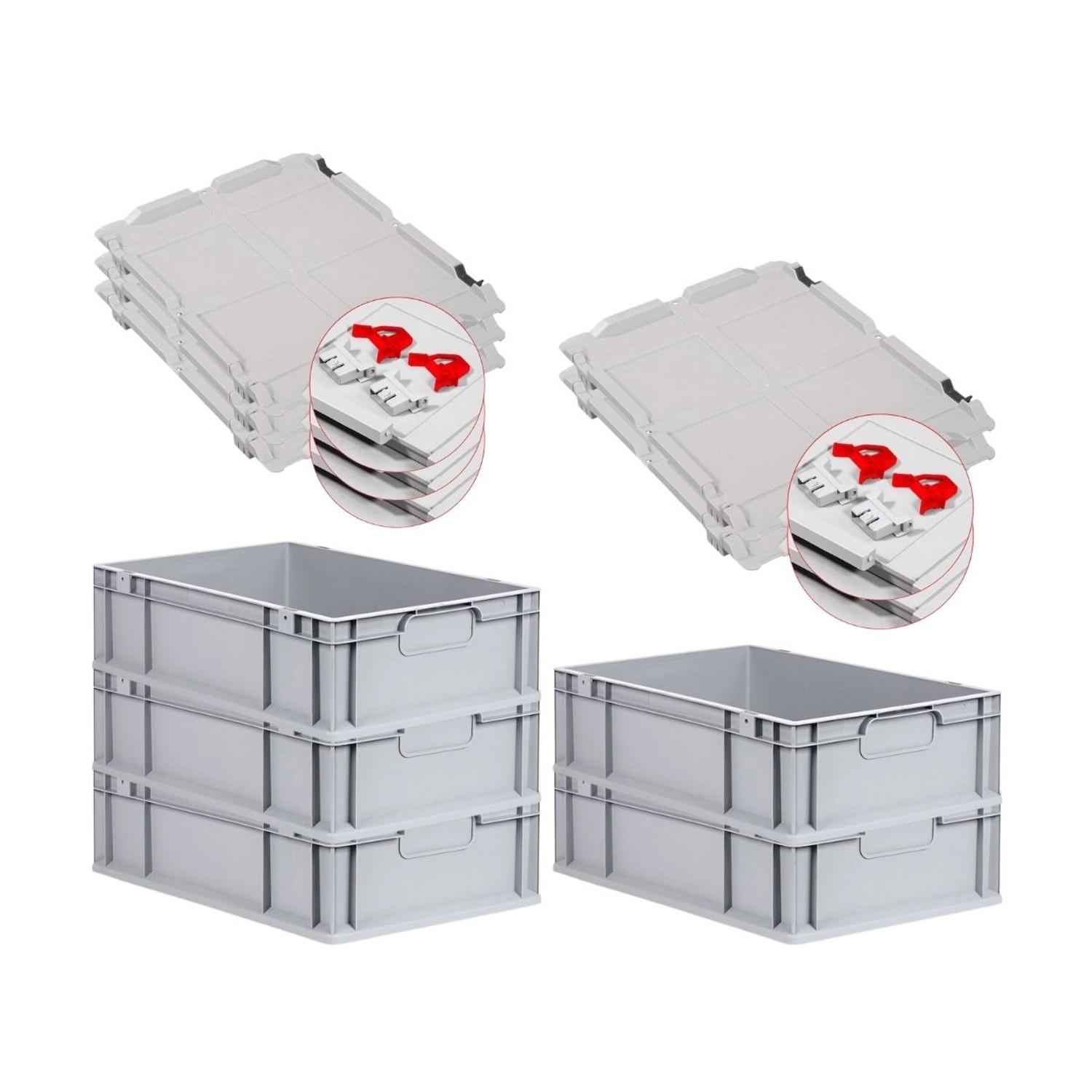 PROREGAL Spar Set 5x Eurobox Nextgen Economy Mit Scharnierdeckel & Roten Schiebeschnappverschlüssen Griffe Geschlossen HxBxT 17 x 40 x 60 cm 34 Liter von PROREGAL