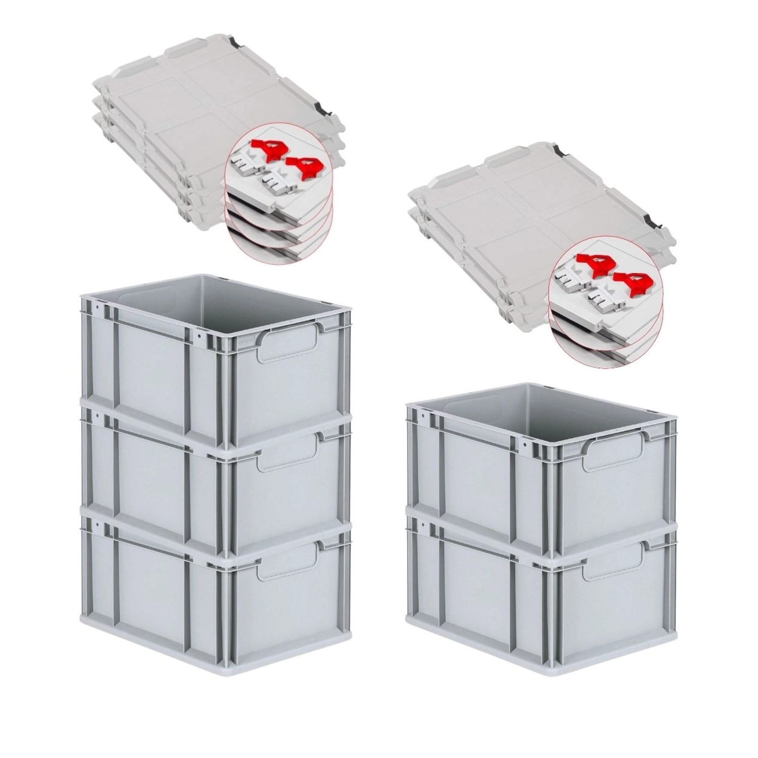 PROREGAL Spar Set 5x Eurobox Nextgen Economy Mit Scharnierdeckel & Roten Schiebeschnappverschlüssen Griffe Geschlossen HxBxT 22 x 30 x 40 cm 20 Liter von PROREGAL