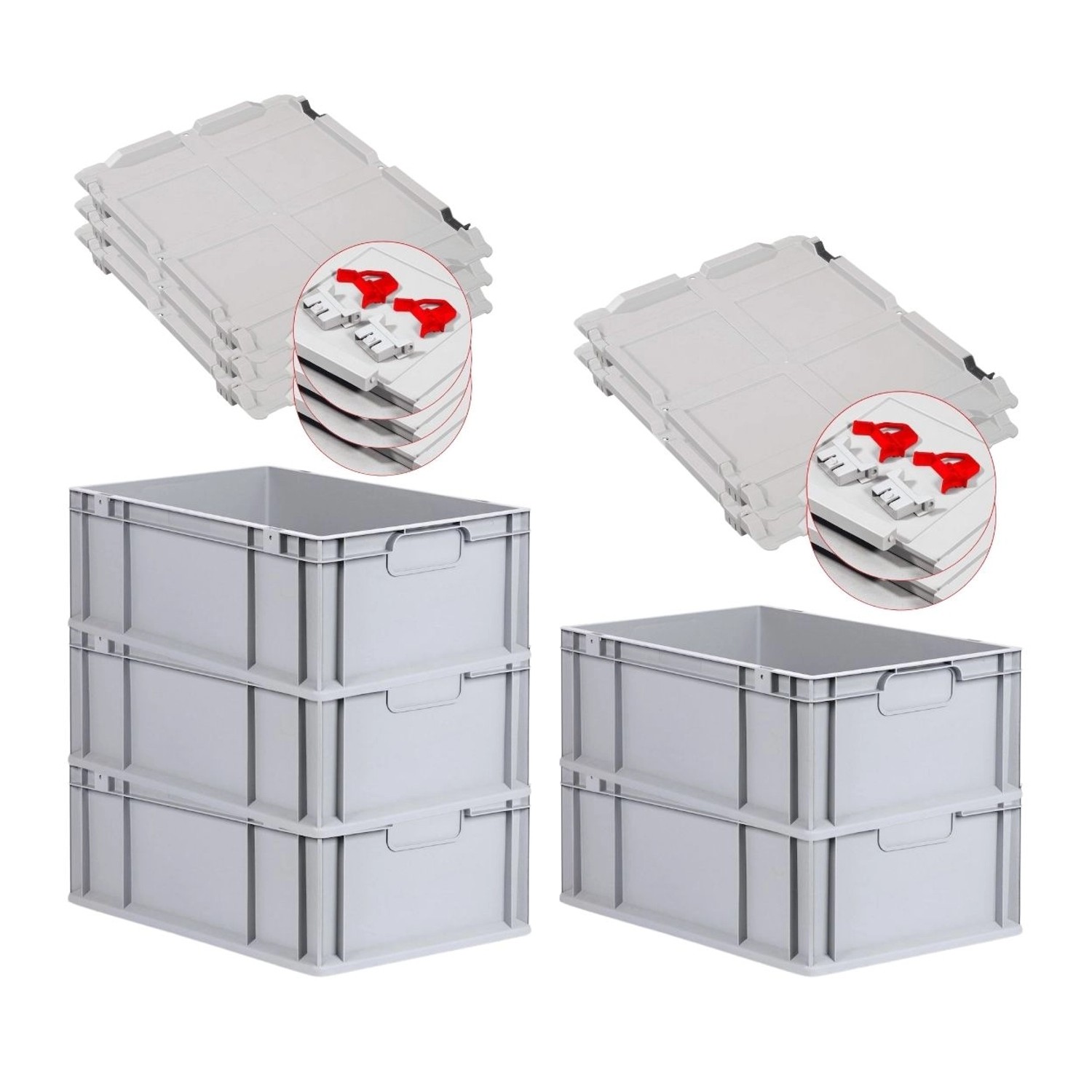 PROREGAL Spar Set 5x Eurobox Nextgen Economy Mit Scharnierdeckel & Roten Schiebeschnappverschlüssen Griffe Geschlossen HxBxT 22 x 40 x 60 cm 44 Liter von PROREGAL