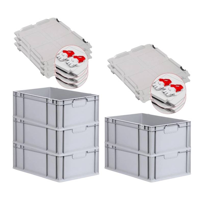 PROREGAL Spar Set 5x Eurobox Nextgen Economy Mit Scharnierdeckel & Roten Schiebeschnappverschlüssen Griffe Geschlossen HxBxT 22 x 40 x 60 cm 44 Liter von PROREGAL