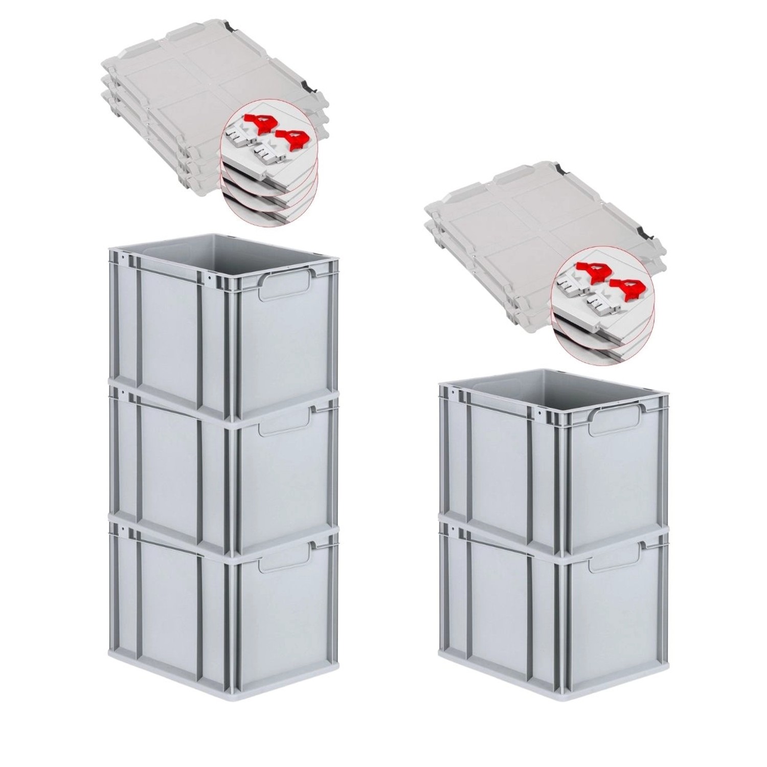 PROREGAL Spar Set 5x Eurobox Nextgen Economy Mit Scharnierdeckel & Roten Schiebeschnappverschlüssen Griffe Geschlossen HxBxT 32 x 30 x 40 cm 30 Liter von PROREGAL