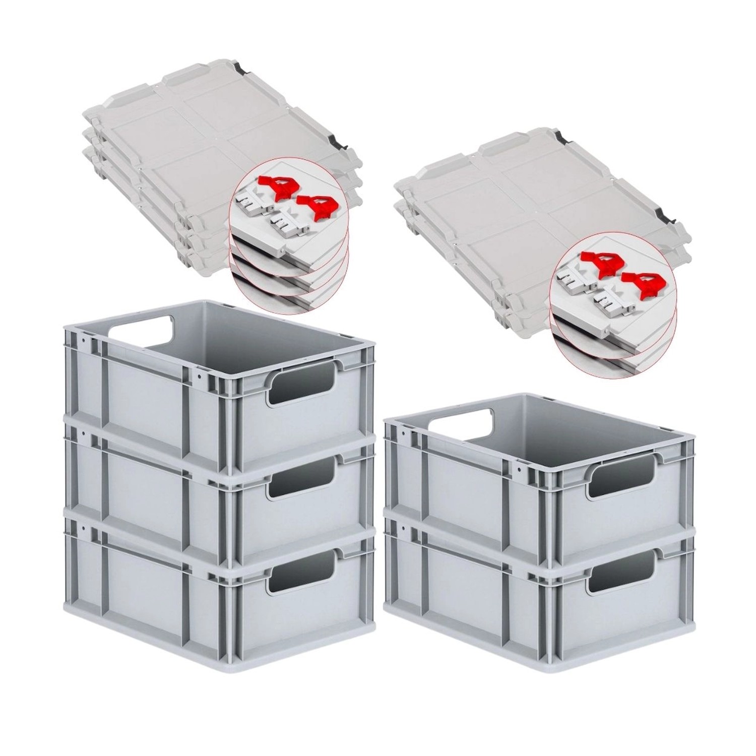 PROREGAL Spar Set 5x Eurobox Nextgen Economy Mit Scharnierdeckel & Roten Schiebeschnappverschlüssen Griffe Offen HxBxT 17 x 30 x 40 cm 16 Liter von PROREGAL