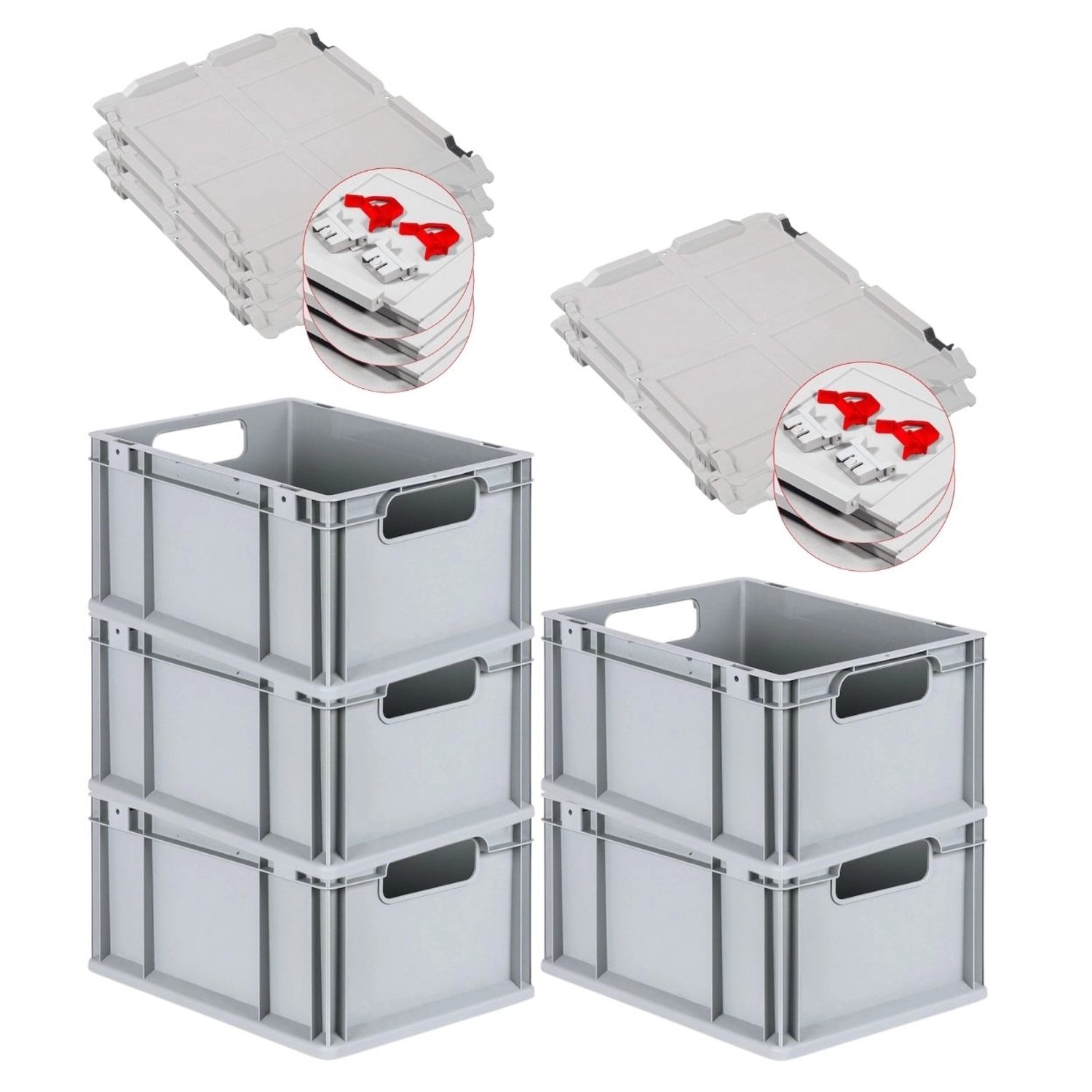 PROREGAL Spar Set 5x Eurobox Nextgen Economy Mit Scharnierdeckel & Roten Schiebeschnappverschlüssen Griffe Offen HxBxT 22 x 30 x 40 cm 20 Liter von PROREGAL