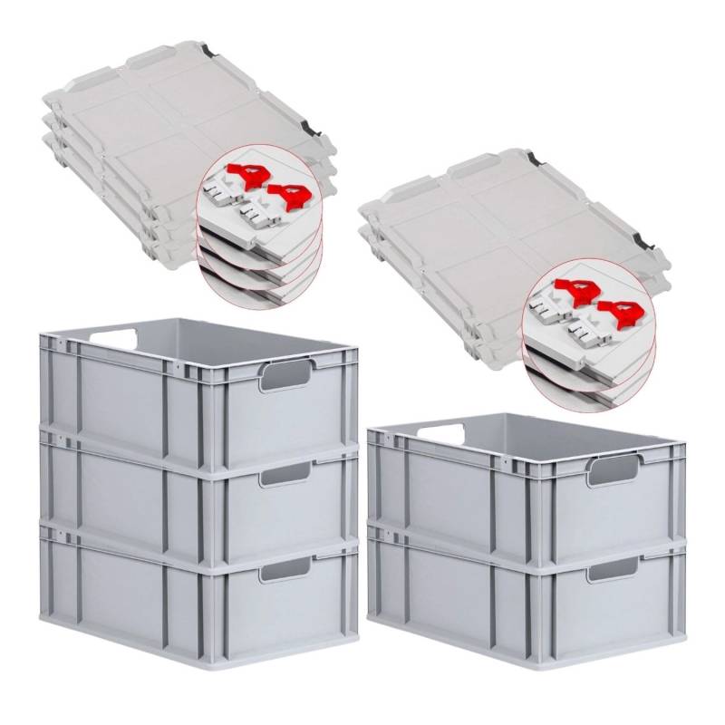 PROREGAL Spar Set 5x Eurobox Nextgen Economy Mit Scharnierdeckel & Roten Schiebeschnappverschlüssen Griffe Offen HxBxT 22 x 40 x 60 cm 44 Liter von PROREGAL