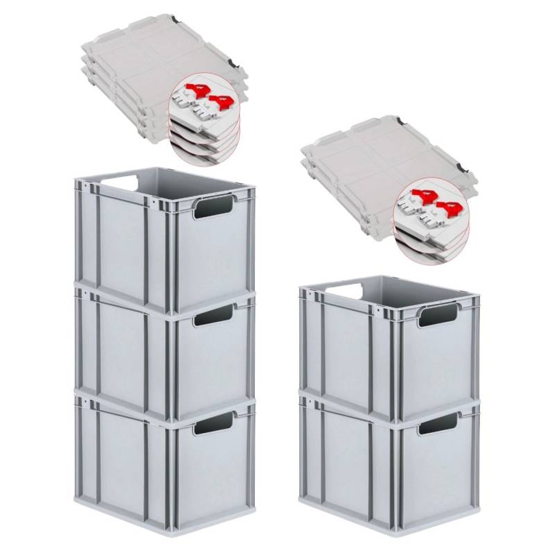 PROREGAL Spar Set 5x Eurobox Nextgen Economy Mit Scharnierdeckel & Roten Schiebeschnappverschlüssen Griffe Offen HxBxT 32 x 30 x 40 cm 30 Liter von PROREGAL