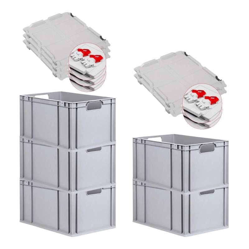 PROREGAL Spar Set 5x Eurobox Nextgen Economy Mit Scharnierdeckel & Roten Schiebeschnappverschlüssen Griffe Offen HxBxT 32 x 40 x 60 cm 65 Liter von PROREGAL