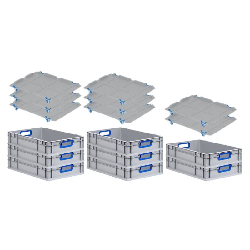 PROREGAL Spar Set 8x Eurobox Nextgen Color Mit Auflagedeckel & Schiebeschnappverschlüsse HxBxT 12 x 40 x 60 cm Griffe Blau Offen Glatter Boden von PROREGAL