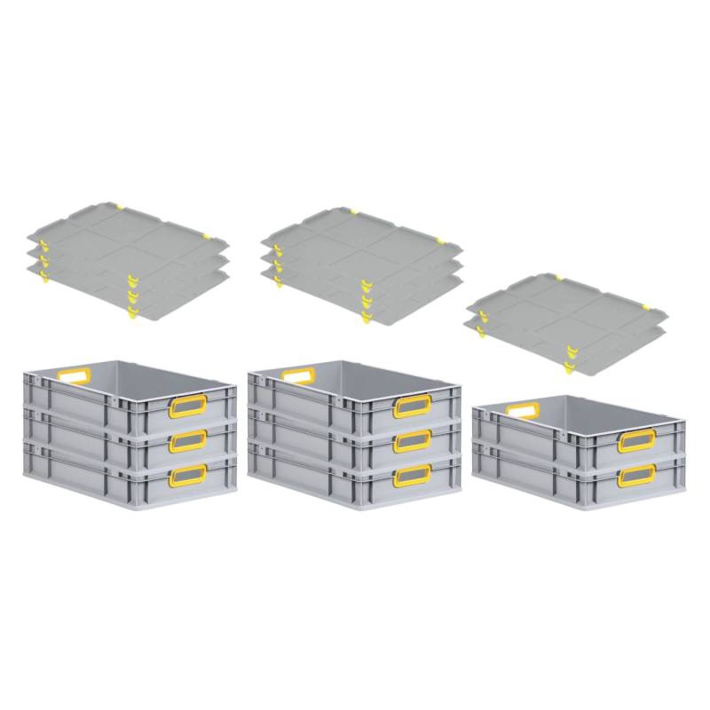 PROREGAL Spar Set 8x Eurobox Nextgen Color Mit Auflagedeckel & Schiebeschnappverschlüsse HxBxT 12 x 40 x 60 cm Griffe Gelb Offen Glatter Boden von PROREGAL