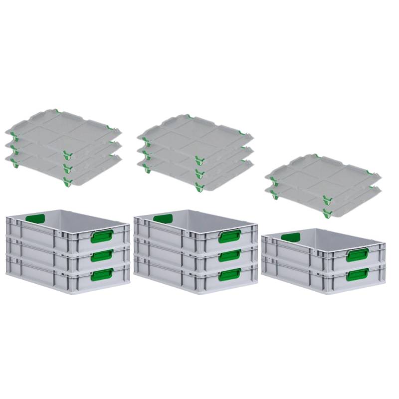 PROREGAL Spar Set 8x Eurobox Nextgen Color Mit Auflagedeckel & Schiebeschnappverschlüsse HxBxT 12 x 40 x 60 cm Griffe Grün Geschlossen Glatter Boden von PROREGAL