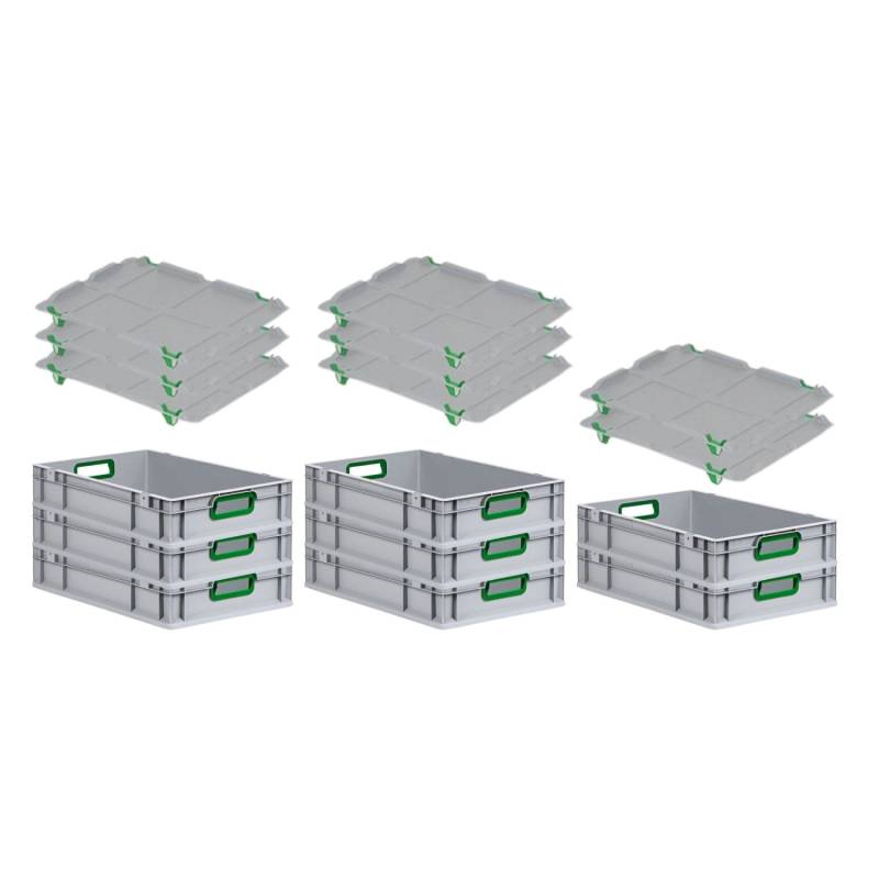 PROREGAL Spar Set 8x Eurobox Nextgen Color Mit Auflagedeckel & Schiebeschnappverschlüsse HxBxT 12 x 40 x 60 cm Griffe Grün Offen Glatter Boden von PROREGAL