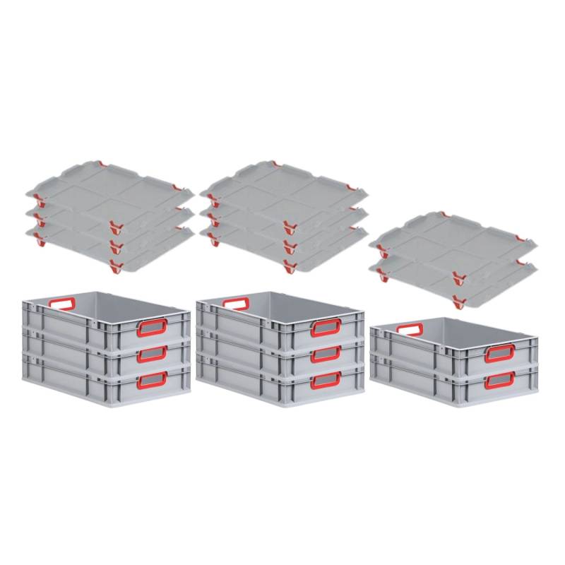 PROREGAL Spar Set 8x Eurobox Nextgen Color Mit Auflagedeckel & Schiebeschnappverschlüsse HxBxT 12 x 40 x 60 cm Griffe Rot Offen Glatter Boden von PROREGAL